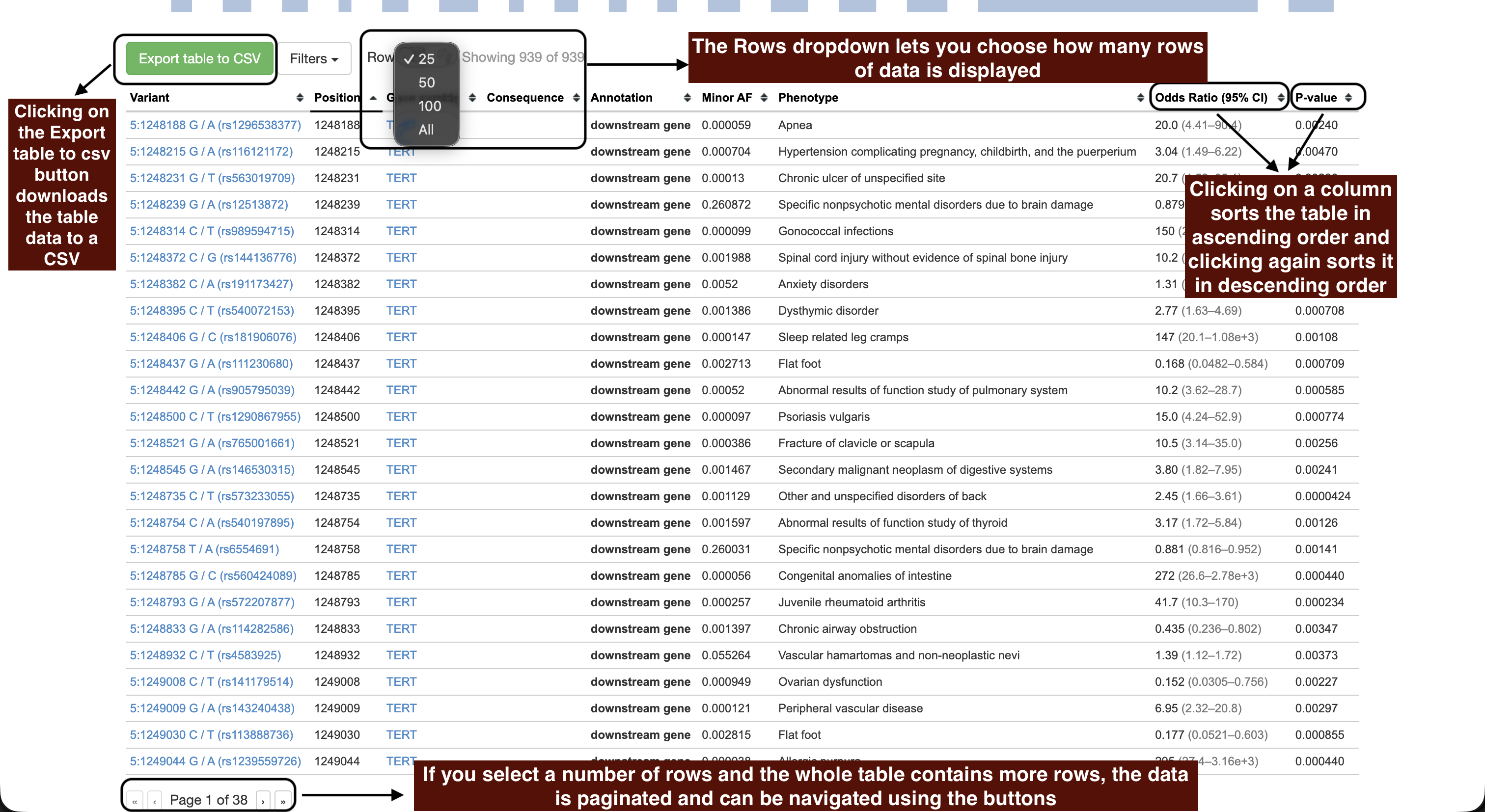 The Export table to CSV button