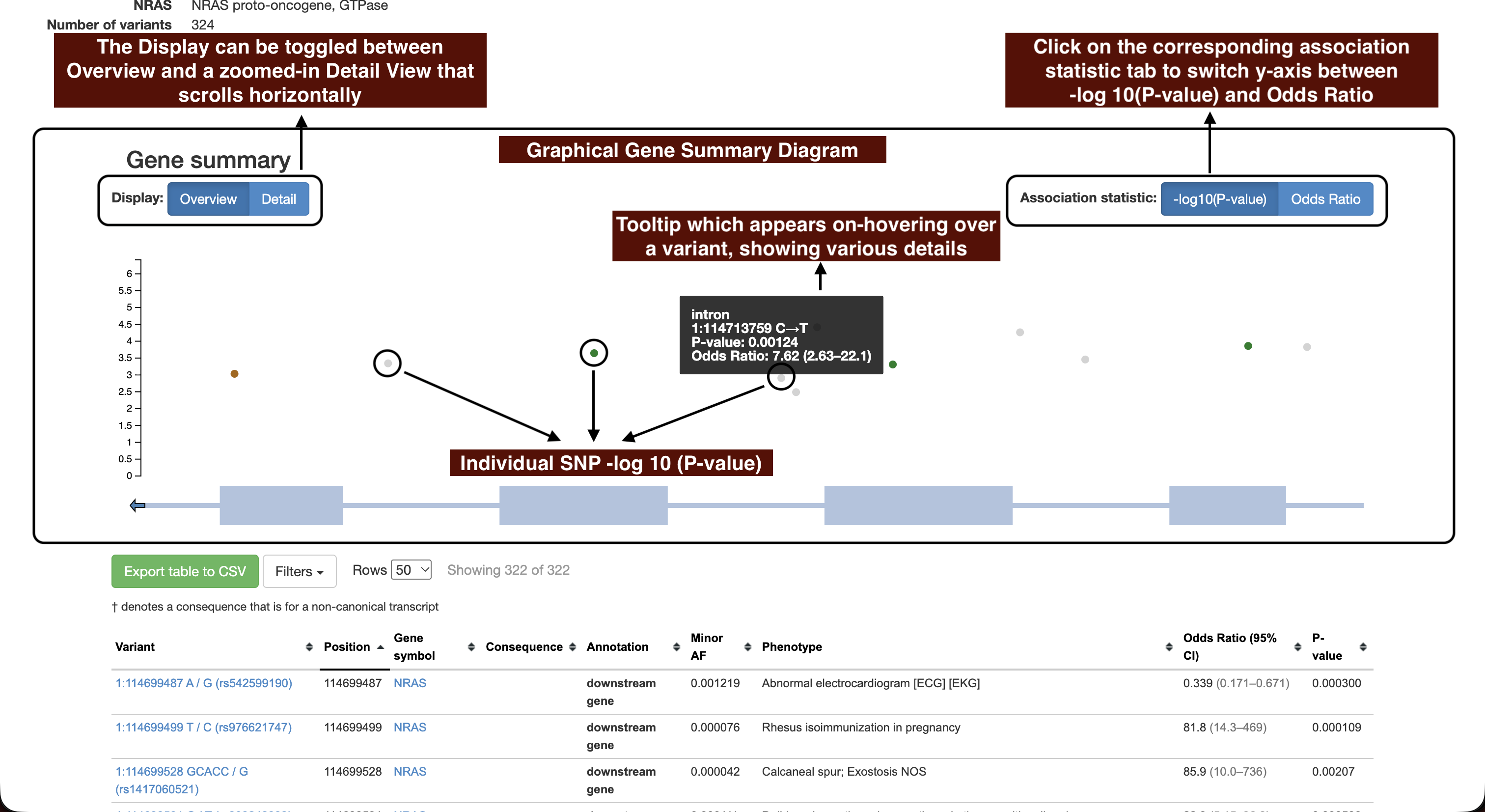 Gene summary plot with a variant tooltip showing