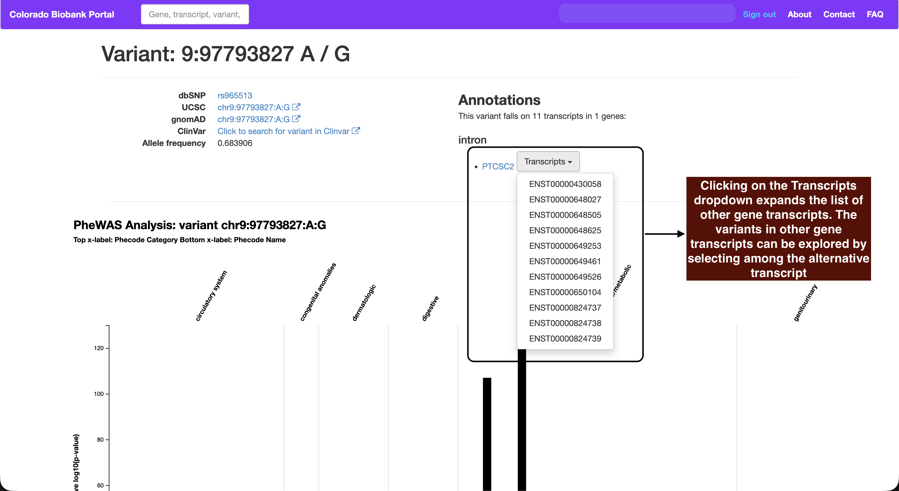 The Transcripts menu listing alternative transcripts
